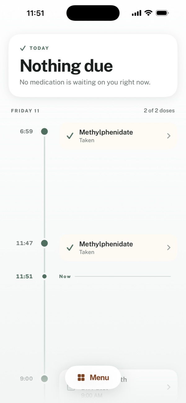 Anchor's Today screen showing time until the next dose
